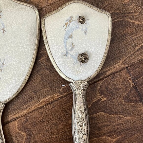 Vintage Vanity Set Mirror& Brush USA Gold Tone Floral Hollywood Regency Boudoir - Picture 6 of 8